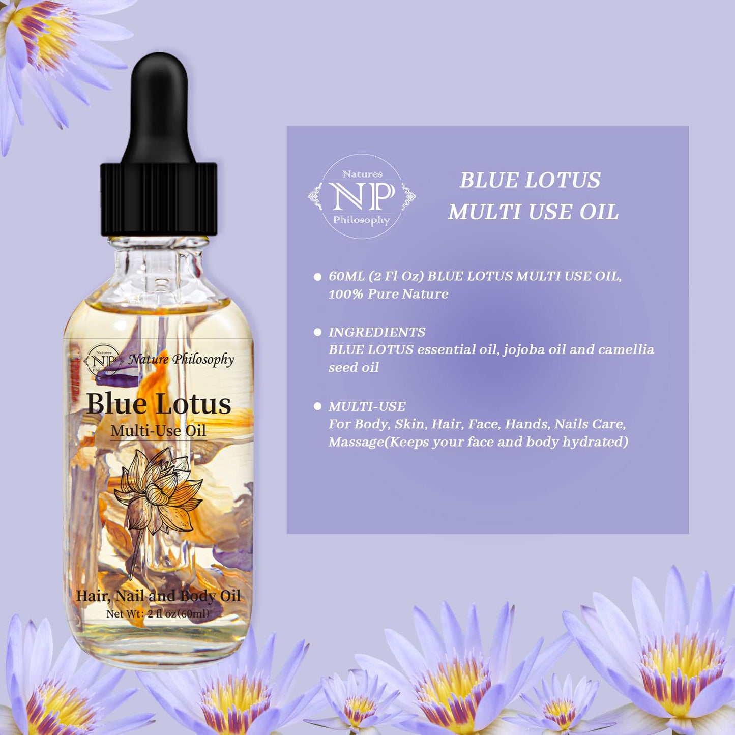 Blue Lotus Multi-Use Oil for Face, Body and Hair - Organic Plant Fragrant Essential Oil for Dry Skin, Scalp and Nails - 2 Fl Oz