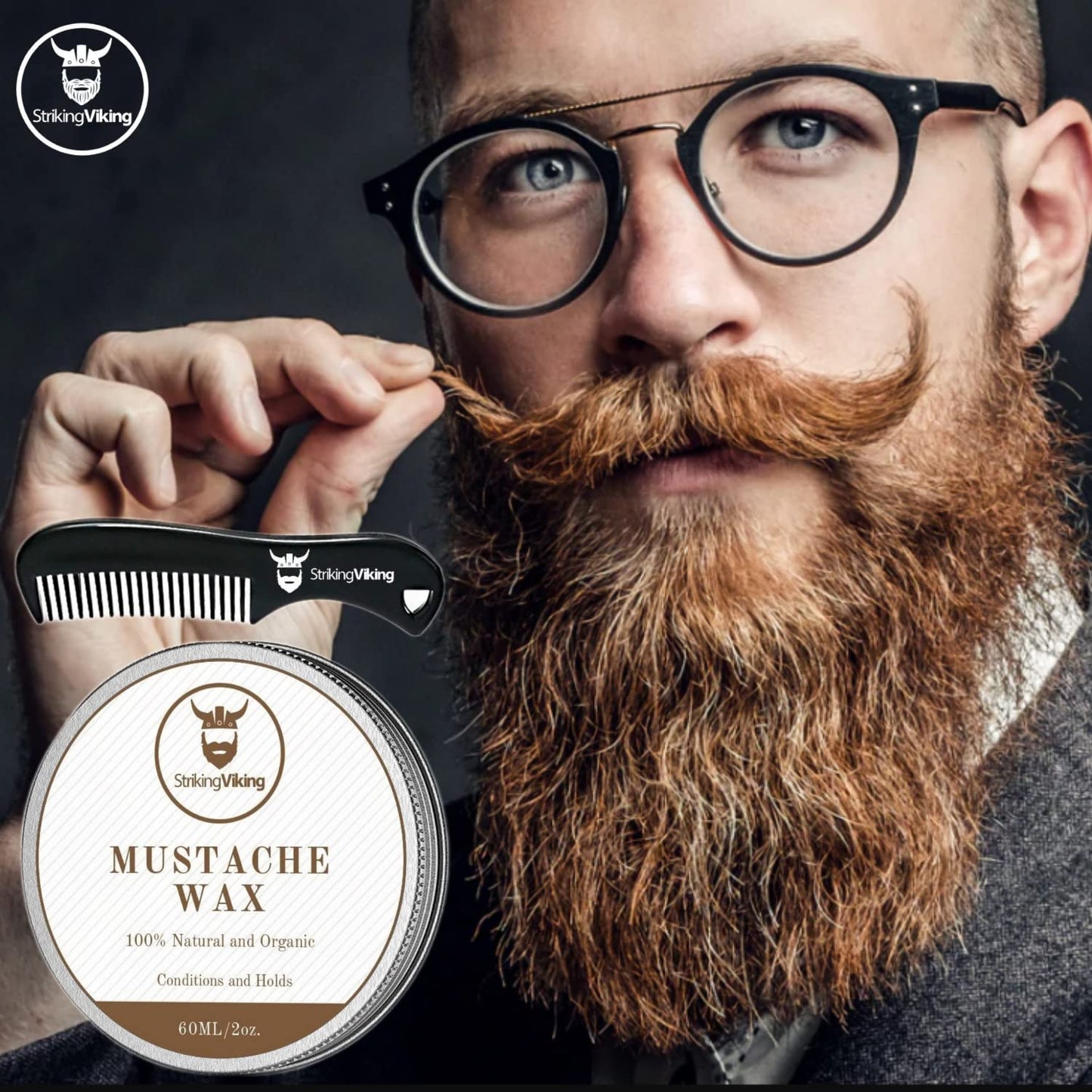 Striking Viking Mustache Wax & Comb Kit - Beard & Moustache Wax For Men With Strong Hold Natural Beeswax - Helps Tame Style & Groom (Sandalwood Scent, 2 Ounce Size) - Mustache Styling Wax