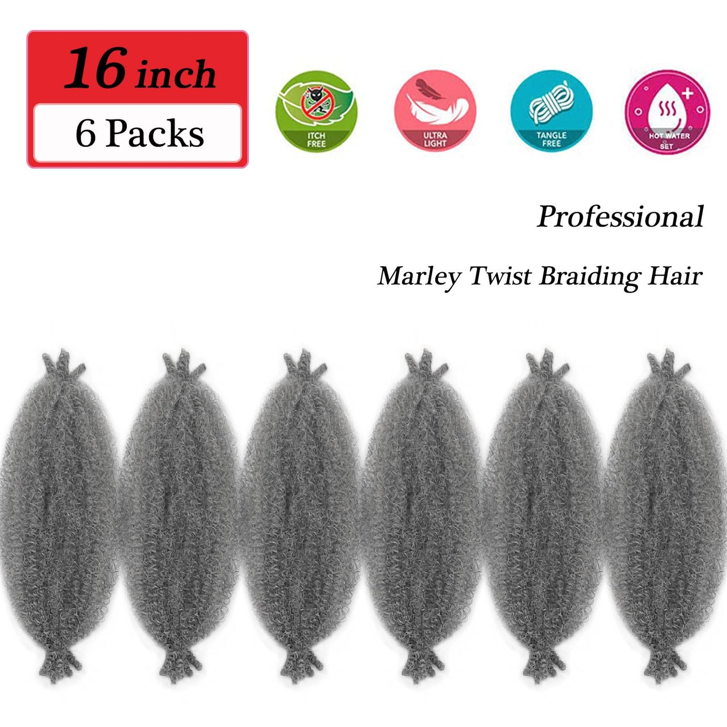 Spring Cuban Twist hair Grey Marley Twist Braiding Hair 16 inch Wrapping Marley Hair for Soft Faux Locs Springy Afro Kinky Twist Crochet Hair Braiding Twisted Up Springy Afro Twist Hair Extensions