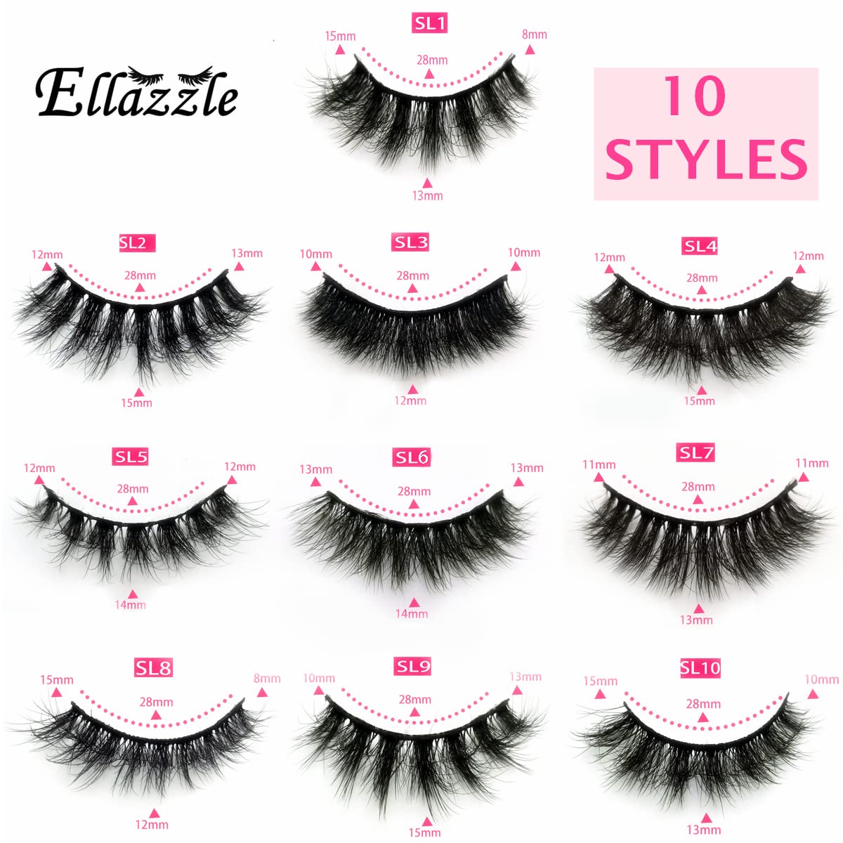 Ellazzle 10 Pairs Faux Mink Eyelashes Wholesale Lashes Pack, Lashes Natural Look 16mm-20mm False Eyelashes Pink