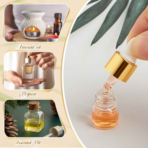 Didaey 200 Pcs Mini Glass Oil Dropper Bottle Bulk, Clear Essential Small Empty Bottles Sample Containers Perfume Liquid Vials with Cap for Traveling (1 ml,Gold)