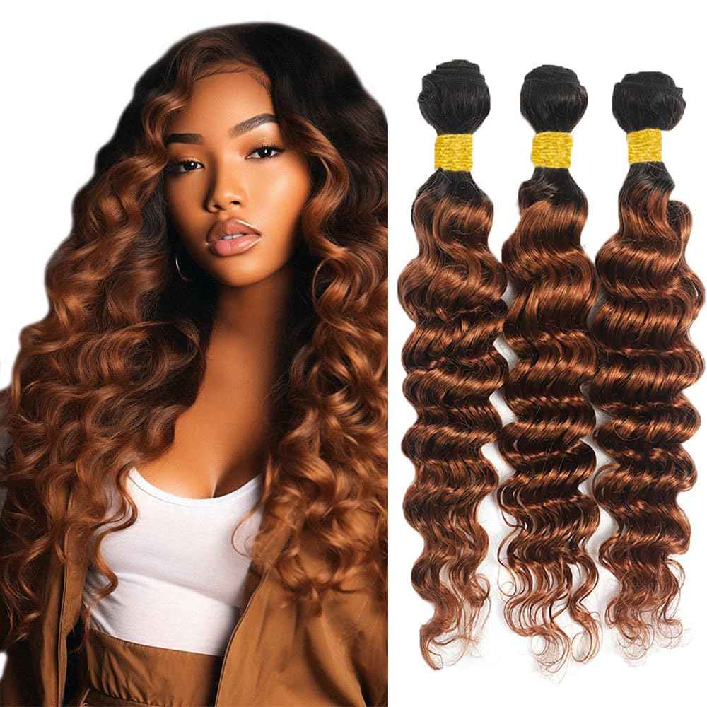 Ombre Human Hair Bundles Deep Wave Bundle 1B/30 Brown Bundles Human Hair 16 18 20 Inch Dark Brown Unprocessed Brazilian Remy Hair Extensions Salon Quality For Women Deals