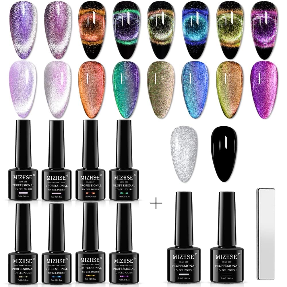 MIZHSE 9D Cat Eye Gel Nail Polish, Magnetic Gel Polish Set, Auroras Snowlight Chameleon Effect Soak Off UV LED with Magnet Stick Gel Nail Polish Set 10pcs (9D Collection 2)