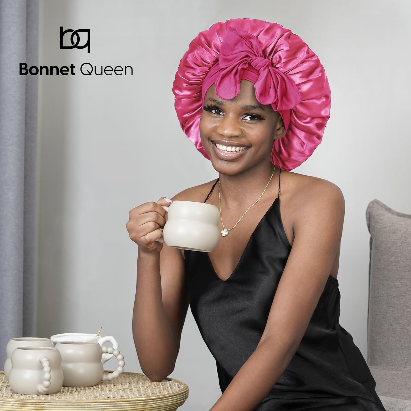 BONNET QUEEN Satin Bonnet Silk Bonnet for Sleeping Hair Bonnet Tie Bonnet for Women with Stretch Band Natural Hair Hot Pink