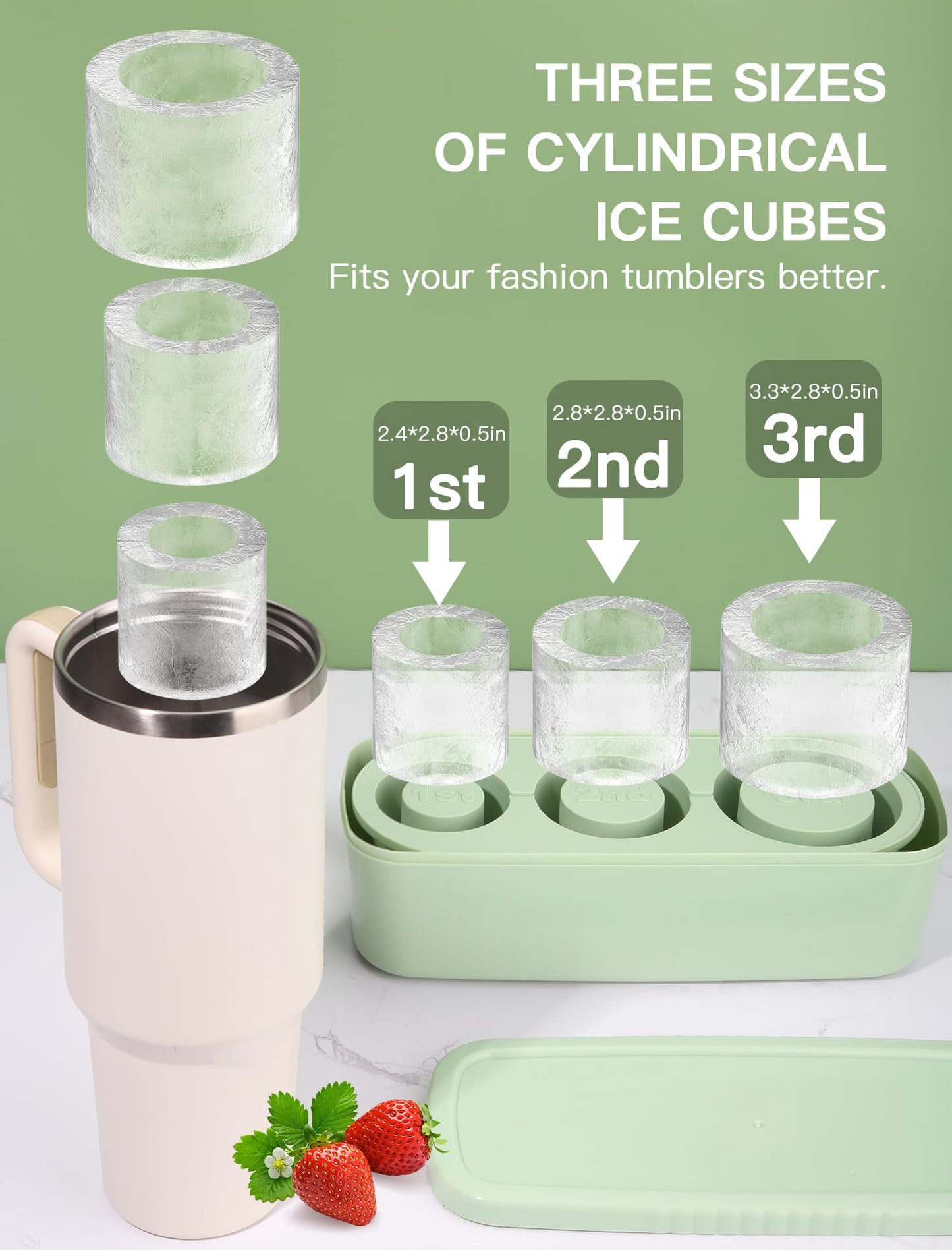 Ice Cube Tray for Tumbler Cup 30Oz-40Oz, 3 Pcs Silicone Cylinder Ice Mold with Lid and Bin for Freezer, Easy Fill and Release Ice Maker for Whiskey, Cocktail BPA-Free(Green, 40 Oz)