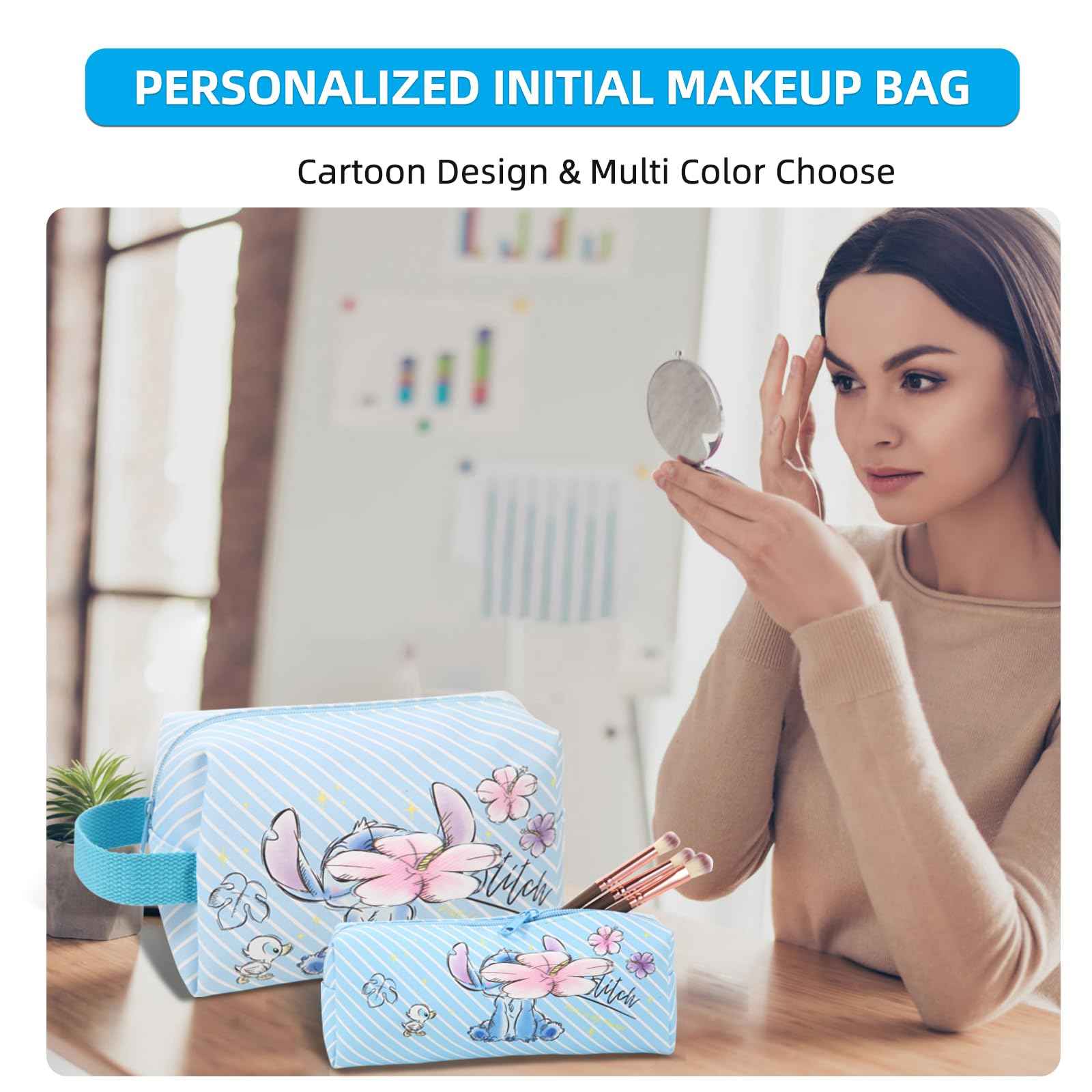 MOBRWUVS Travel Cosmetic Bag, Large Capacity Cartoon Cosmetic Pouch Makeup Bag with Zipper, Travel Toiletry Bag Makeup Accessories Organizer, The Best Gift for Women (Blue)