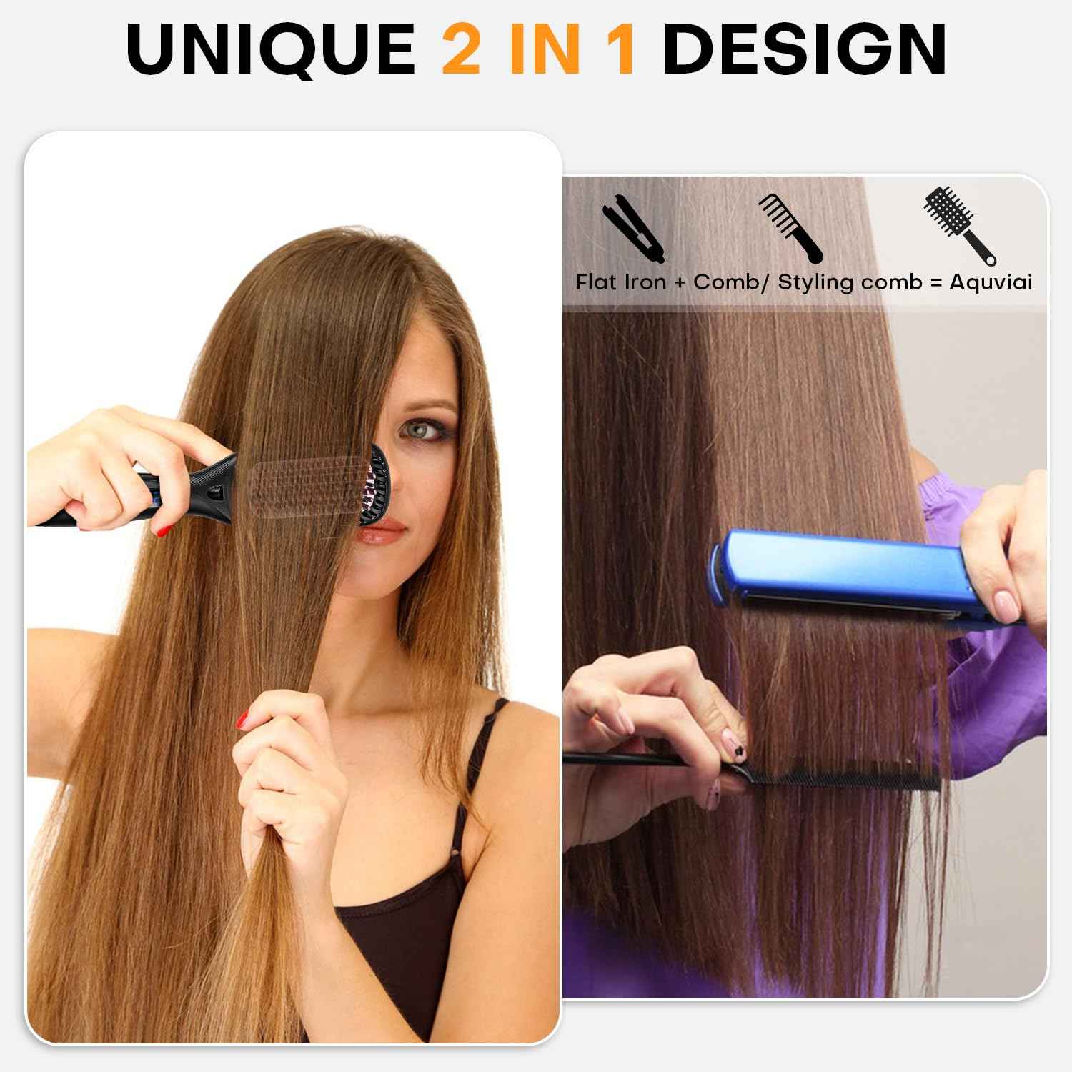 Hair Straightener Brush- Hair straighteners for Women, Ceramic Ionic Straightener Comb with Less Frizz | 20s Fast Heating | 2 in 1 Flat Iron Brush Dual Voltage Travel, Black