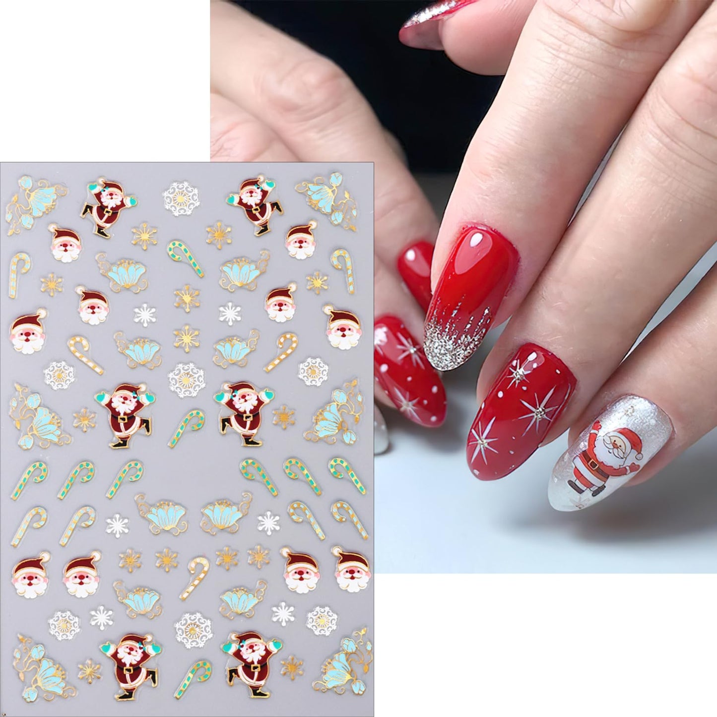 Christmas Nail Art Stickers Holographic Snowflakes Nail Decals 3D Self-Adhesive Laser Gold Silver Santa Claus Nail Sticker Cute Brazing Bell Gifts Gingerbread Man Nail Design for Women Girls 6 Sheets