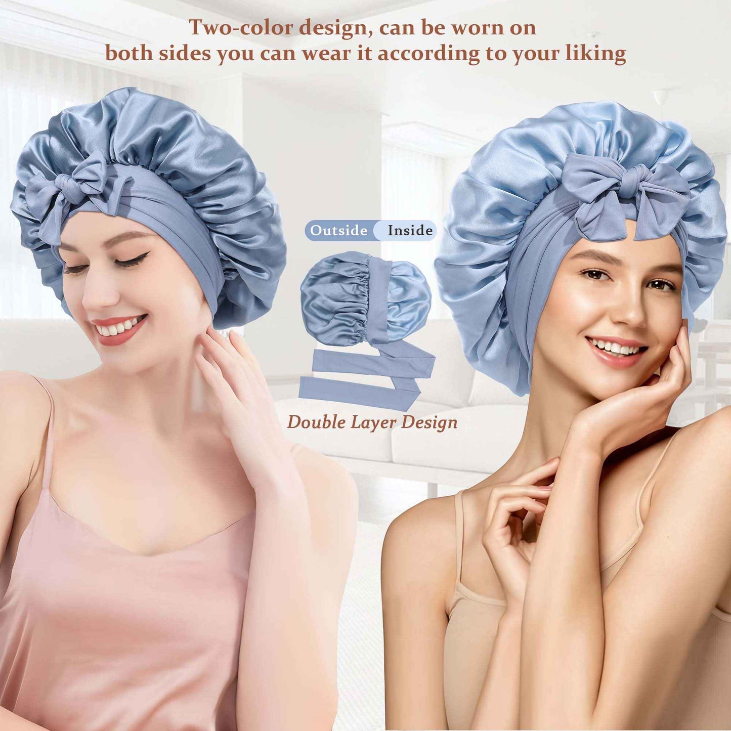 Ufgin 100% Mulberry Silk Bonnet for Sleeping Women Double Layer Silk Hair Bonnet Natural Silk Sleep Cap with Elastic Reversible Hair Wrap (Haze Blue + Sky Blue)