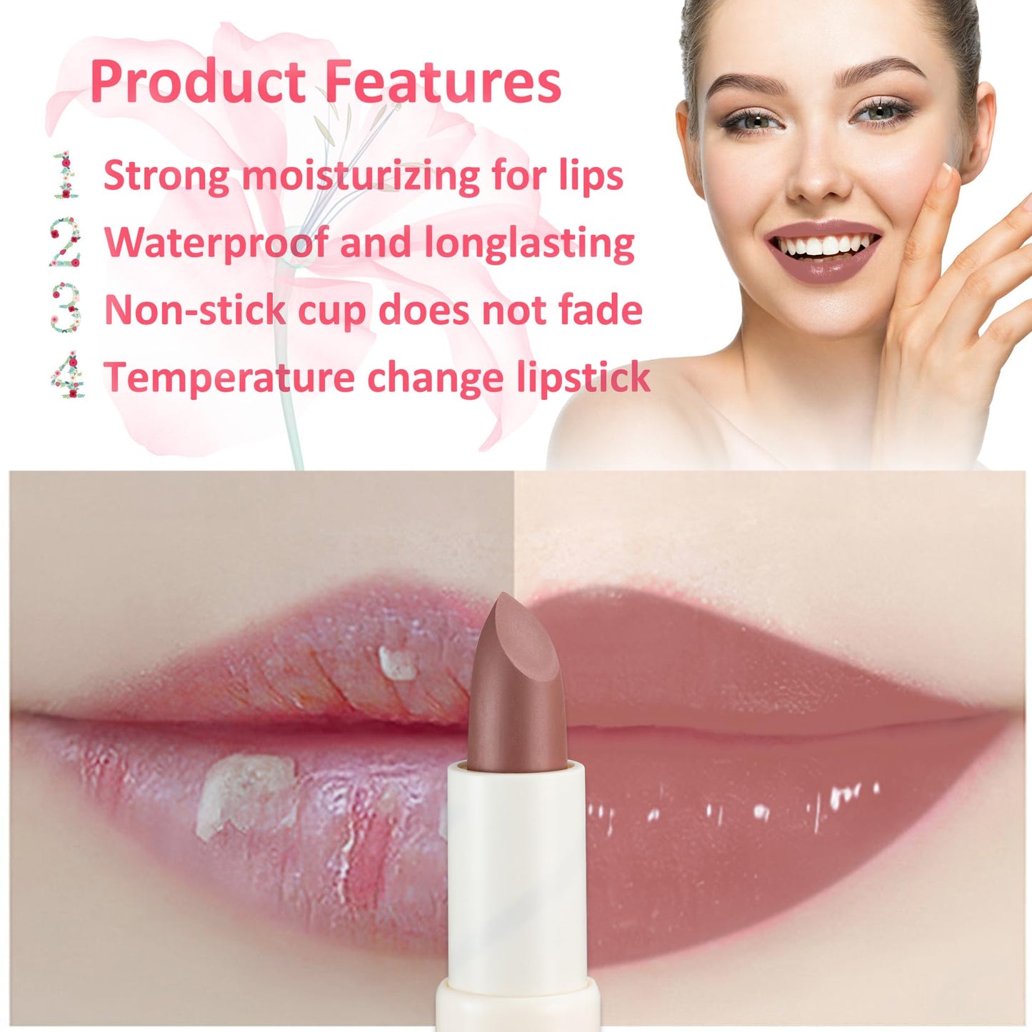 1 Pack Crystal Flower Jelly Lipstick,Magic Color Changing Lipstick,PH Clear Temperature Color Changing Lip Gloss,Lip Balm,Long Lasting Nourishing Moisturizing Lip Stick Set 05