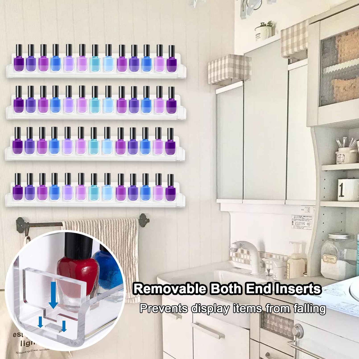 6 Pack Nail Polish Rack, Wall Mounted Organizer Shelf With Removable Anti-slip End Inserts, Clear Acrylic Display Holder for 90 Bottles