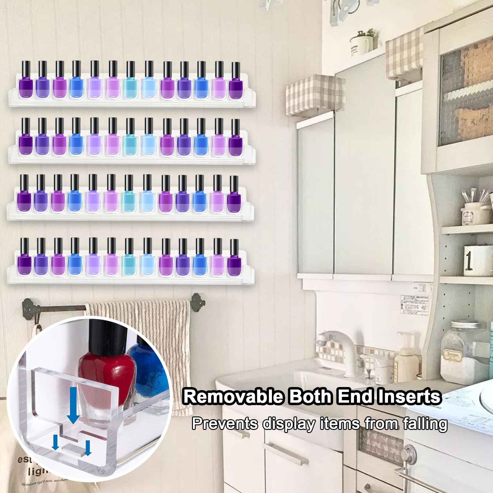 6 Pack Nail Polish Rack, Wall Mounted Organizer Shelf With Removable Anti-slip End Inserts, Clear Acrylic Display Holder for 90 Bottles