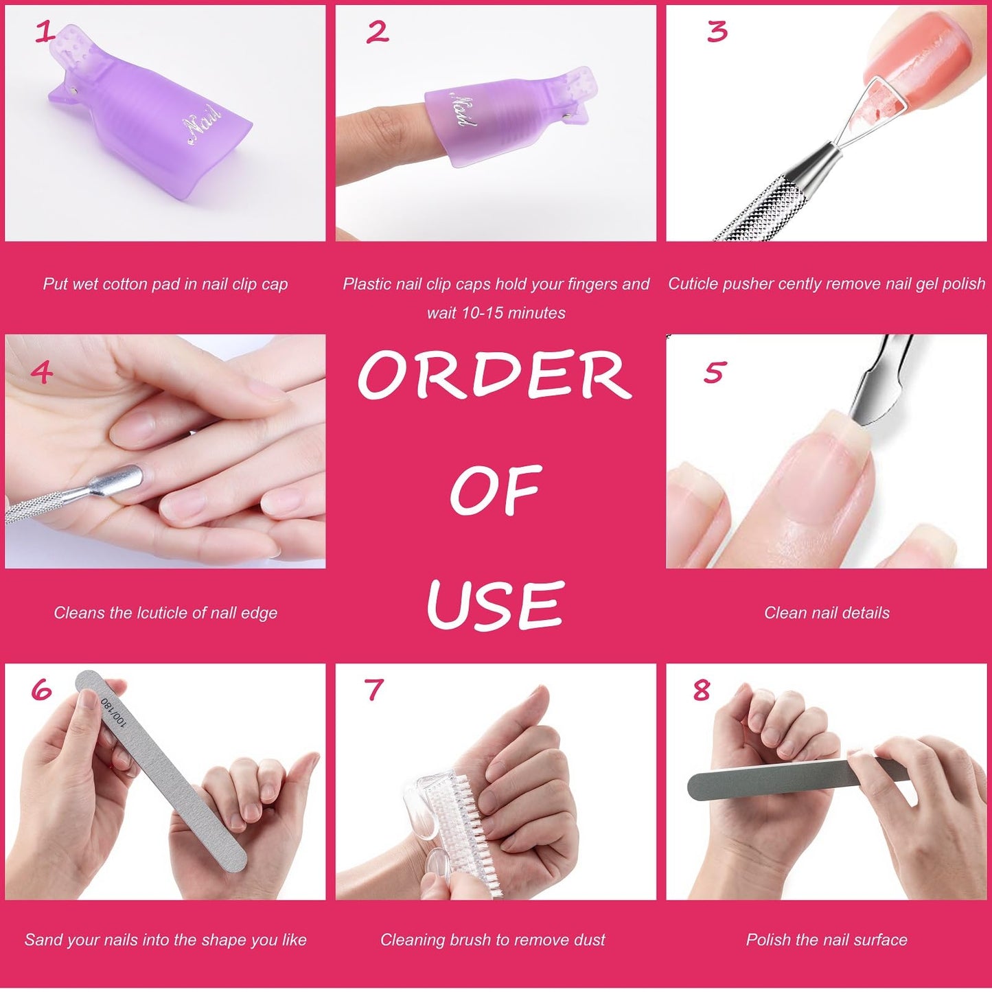 Gel Nail Polish Remover Tools Kit, with 10 Pcs Nail Clips, 400 Pcs Lint Free Nail Wipes, Nail Files 100/180, Buffer Block 400/4000, Nail Brush, Cuticle Pusher, Cuticle Peeler (Purple)