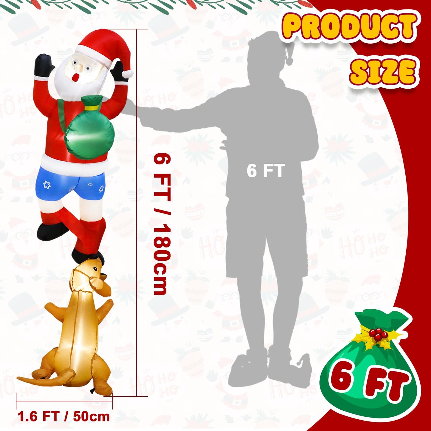 OurWarm 6FT Christmas Inflatables Climbing Santa with Dog, Christmas Blow Up Hanging Inflatable Santa with Suction Cups Built-in LEDs, Funny Outdoor Christmas Decorations for Yard Trees Windows Eaves