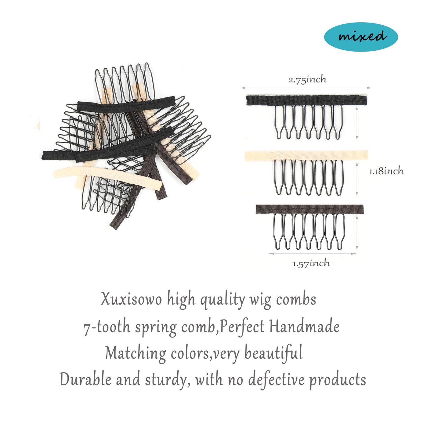 Xuxisowo 60 Pcs Stainless Steel Wig Clips, 7-Teeth Wig Combs for Making Wig Caps, Clips for Wigs (Mixed, 60 pieces, Hair Comb)