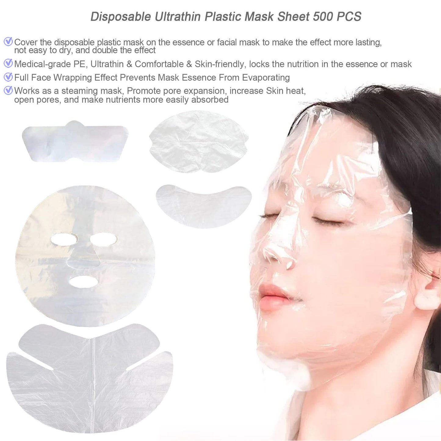 GELMAY 500PCS Face Neck Eye Nose Lip Disposable Plastic Mask Sheet Ultra-Thin Transparent Facial Masks Skincare Paper Film DIY Spa Wrapped Moisturizing Patch Prevent Evaporation