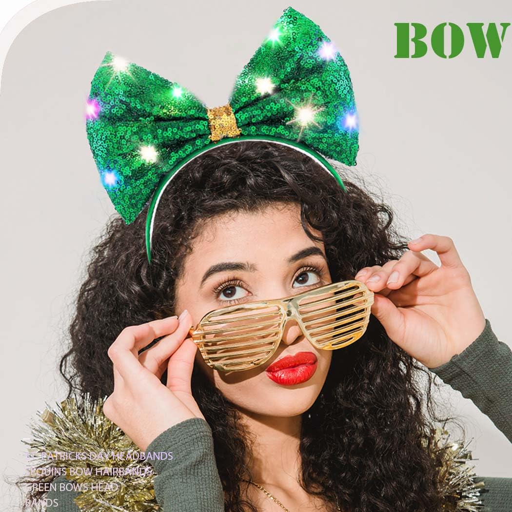 Firuilo Light Up Christmas Green Bow Headbands LED Sequins Bowknot Hair Accessories for Women