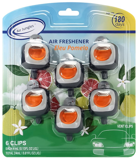 Air Jungles Eleu Pomelo Scent Car Air Freshener Clip, 6 Car Freshener Vent Clips, 4 ml Each, Long Lasting Air Freshener for Car, Up to 180 Days Car Refresher Odor Eliminator