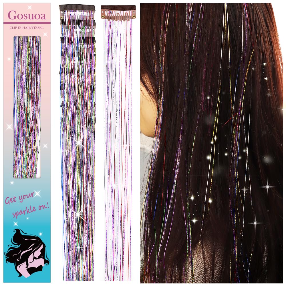 Gosuoa Pack of 8 Pcs Hair Tinsel Clip in, 19.6 Inch Heat Resistant Tinsel Hair Extensions Clip in, Sparkle Fairy Hair Tinsel Kit for Women Girls Hair Accessories(Rainbow)