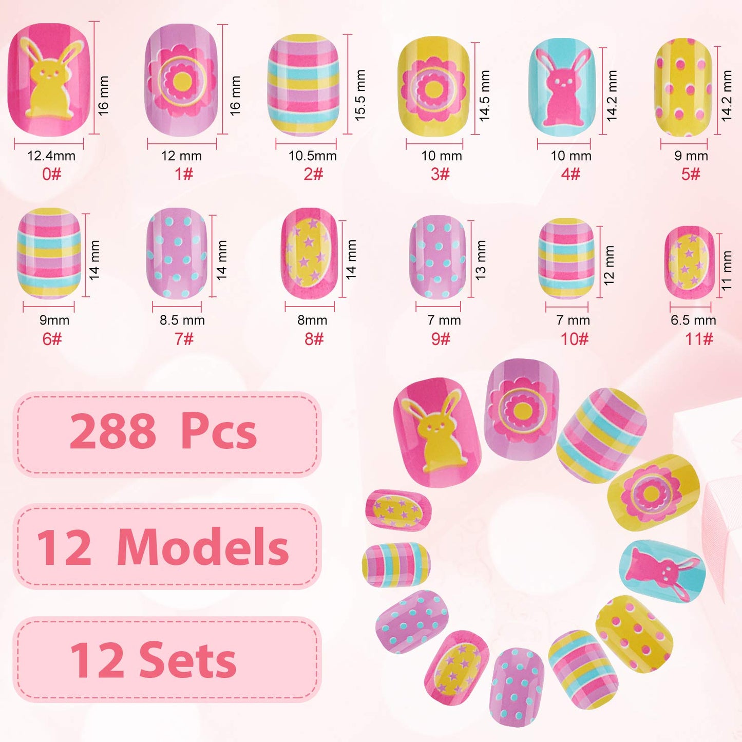 240 Pieces 12 Sets Press on Nails for Kids Girls Fake Nails Artificial False Fingernail Pre-glue Full Cover Cartoon Gradient Short Nail Tip for Girls Kids Nail Decoration (Classic Pattern)