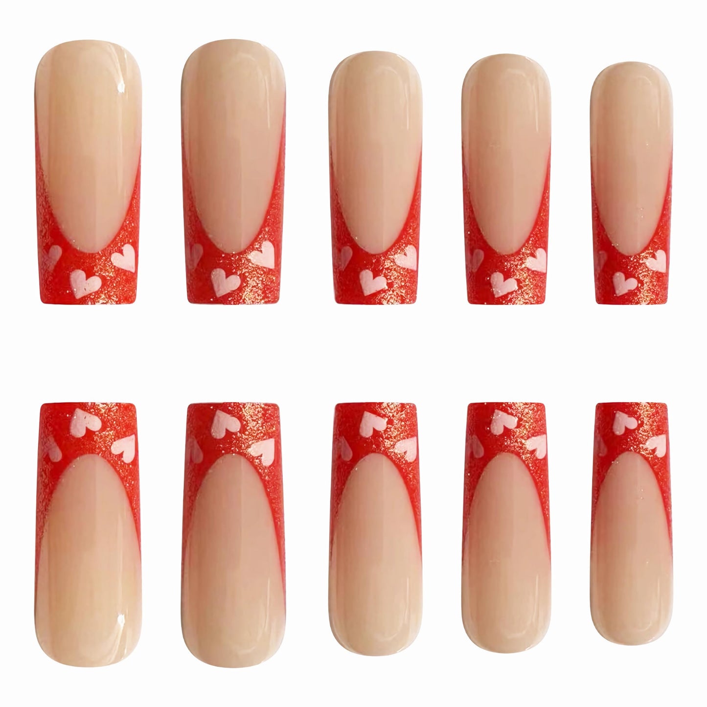 BABALAL Heart Press on Nails Long Square Fake Nails Red Chrome French Tip Glue on Nails Design Glitter Shiny Acrylic Nails 24Pcs Squoval Manicure False Nails for Women and Girls