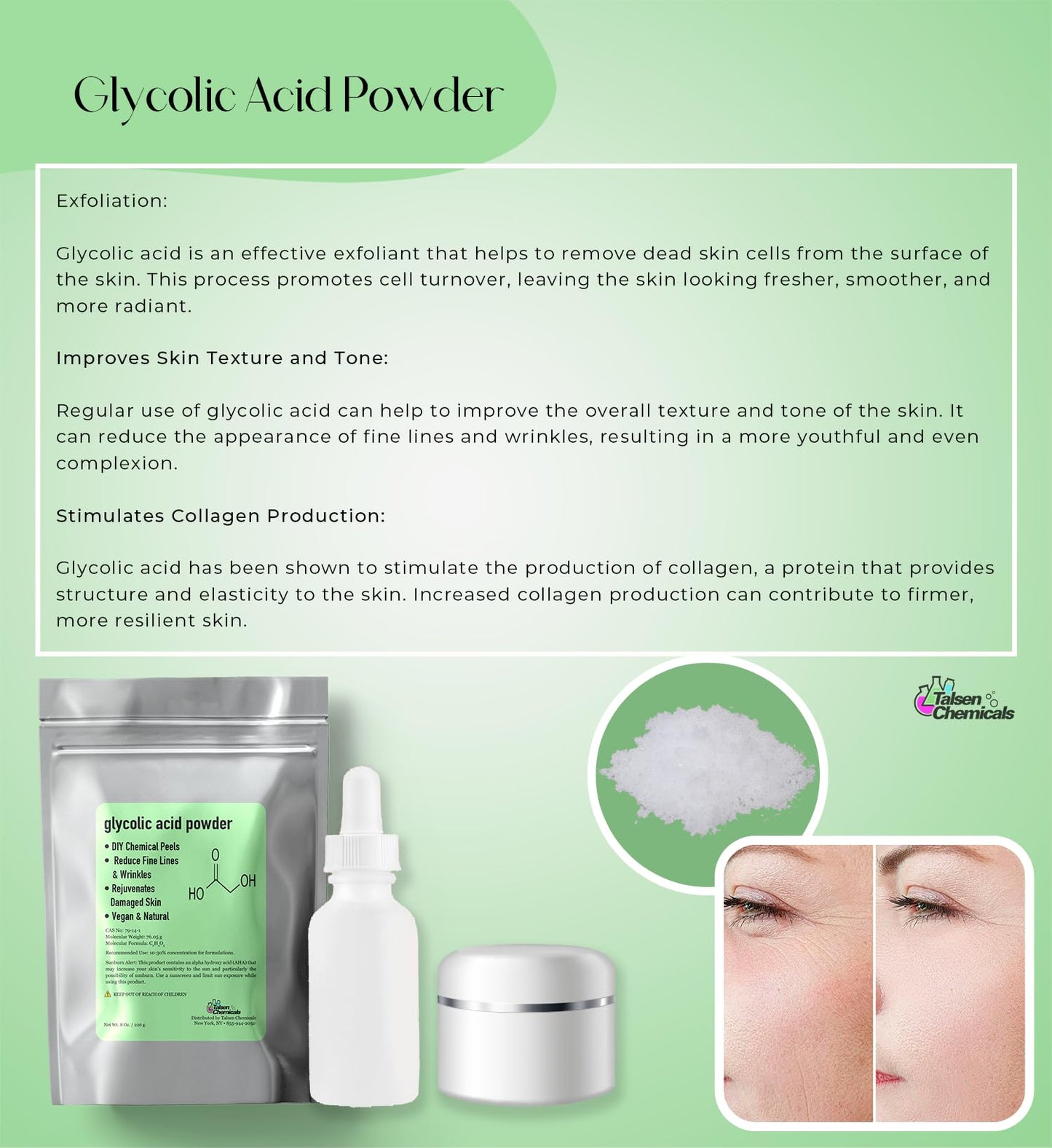 Glycolic Acid Powder (2 Oz/56 grams) DIY Glycolic Crystal Powder is 99% Pure, DIY Glycolic Acid Peels, Lotion and Serum by Talsen Chemcials