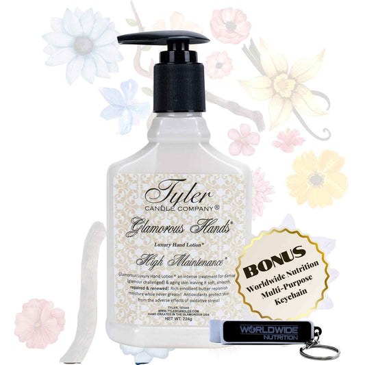 Worldwide Nutrition Bundle: Tyler High Maintenance Hand Lotion - Scented and Small Hand Cream For Dry Hands - 8 Oz Travel Size Luxury Hand Moisturizer and Multi-Purpose Key Chain
