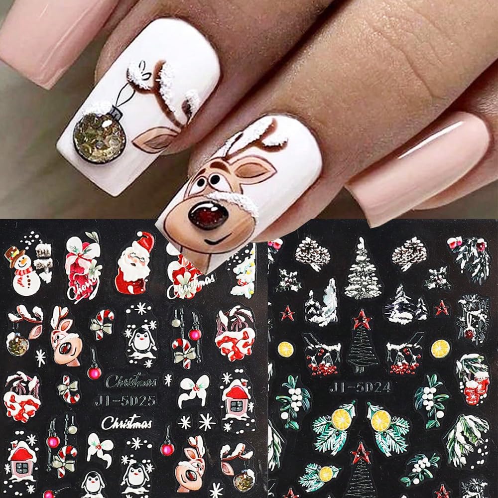 Christmas Nail Art Stickers Decals Deer 5D Embossed Nail Decals 6PCS Santa Claus Winter Snowy Tree Penguin Snowman Christmas Nails Design Holiday Nail Sticker for Manicure Nail Art Decoration Supplies