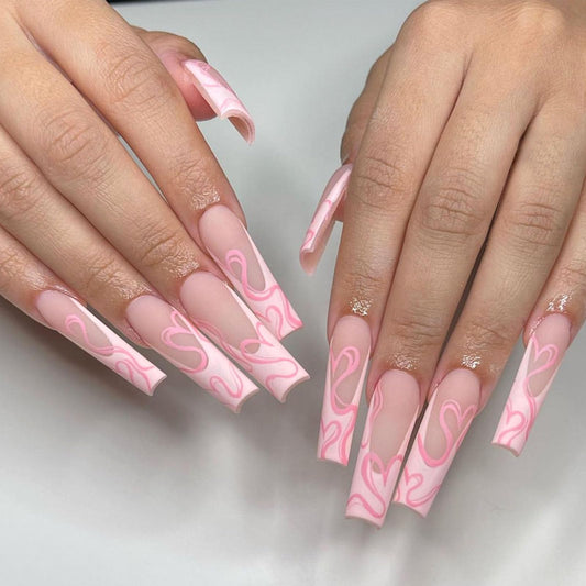 White French Tip Press on Nails Long Square Fake Nails Pink Swirls Glue on Nails Translucent Acrylic Nails Spring & Cute Nails Matte & Simple Artificial Nails for Women 24Pcs