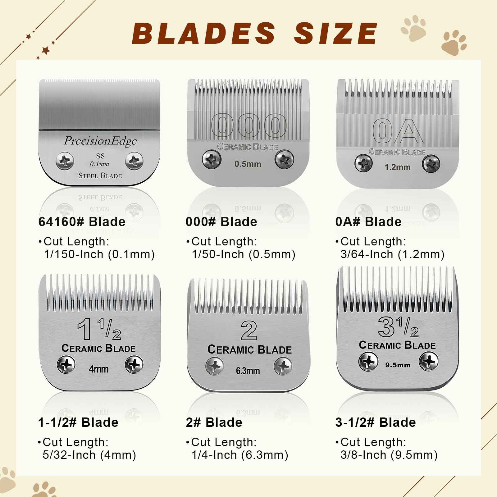 1-1/2# Professional Detachable Replacement Ceramic Blades. Compatible with Oster Classic 76/Power Pro/Power-Teq/Star-Teq Clipper. Compatible with Ainds Clippers. Size: 5/32" Cut Length.