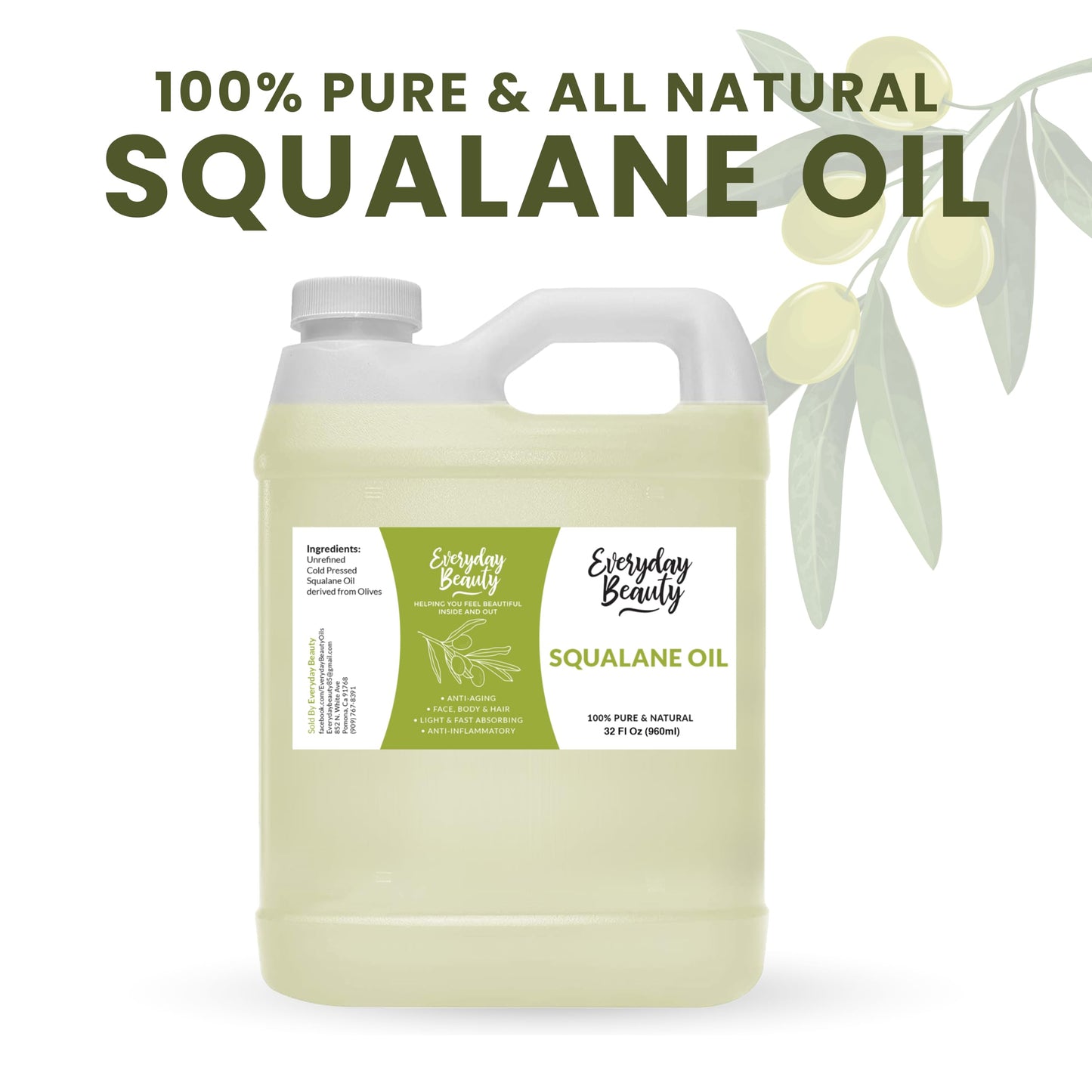 Squalane Oil Bulk- 32 oz 100% Pure & Natural Plant Derived Facial Oil - Cold Pressed and Unrefined Premium Grade Multipurpose Moisturizing Oil For Skin and Hair