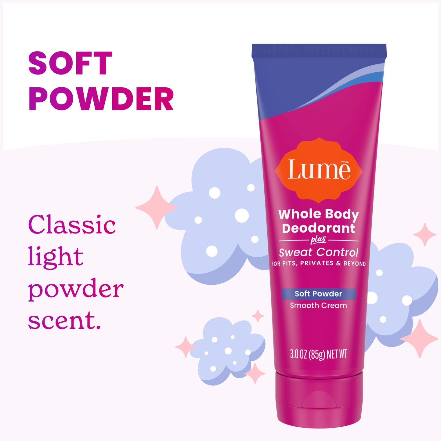 Lume Whole Body Deodorant Plus Sweat Control - Smooth Cream Tube - 72 Hour Odor And Sweat Control - Baking Soda Free, Skin Loving - 3.0 ounce (Soft Powder)