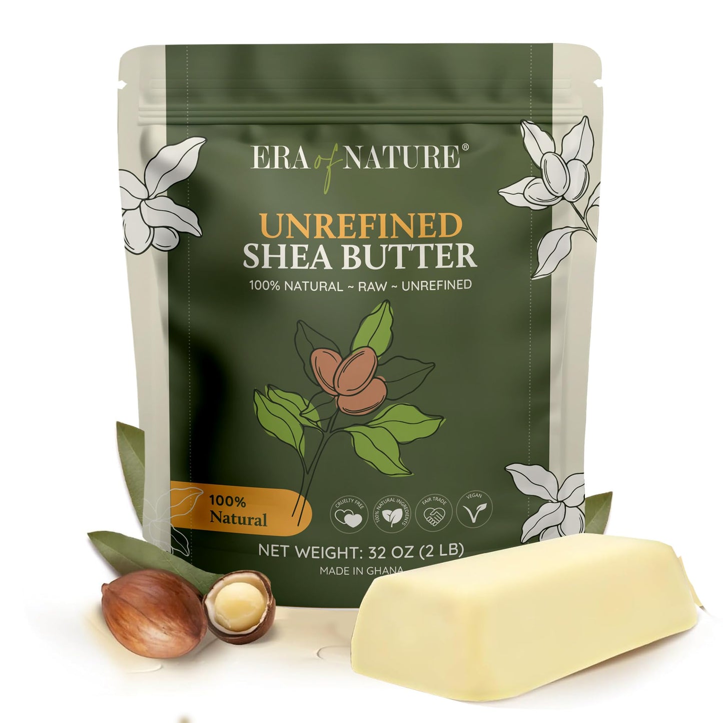 era of nature Organic Unrefined Raw AFRICAN IVORY WHITE SHEA BUTTER, for Anti Aging Dry Skin Base Beauty, Use Alone or in DIY Body Butters, Soaps, Lotions and lip balm - (Ghana) - 2lb