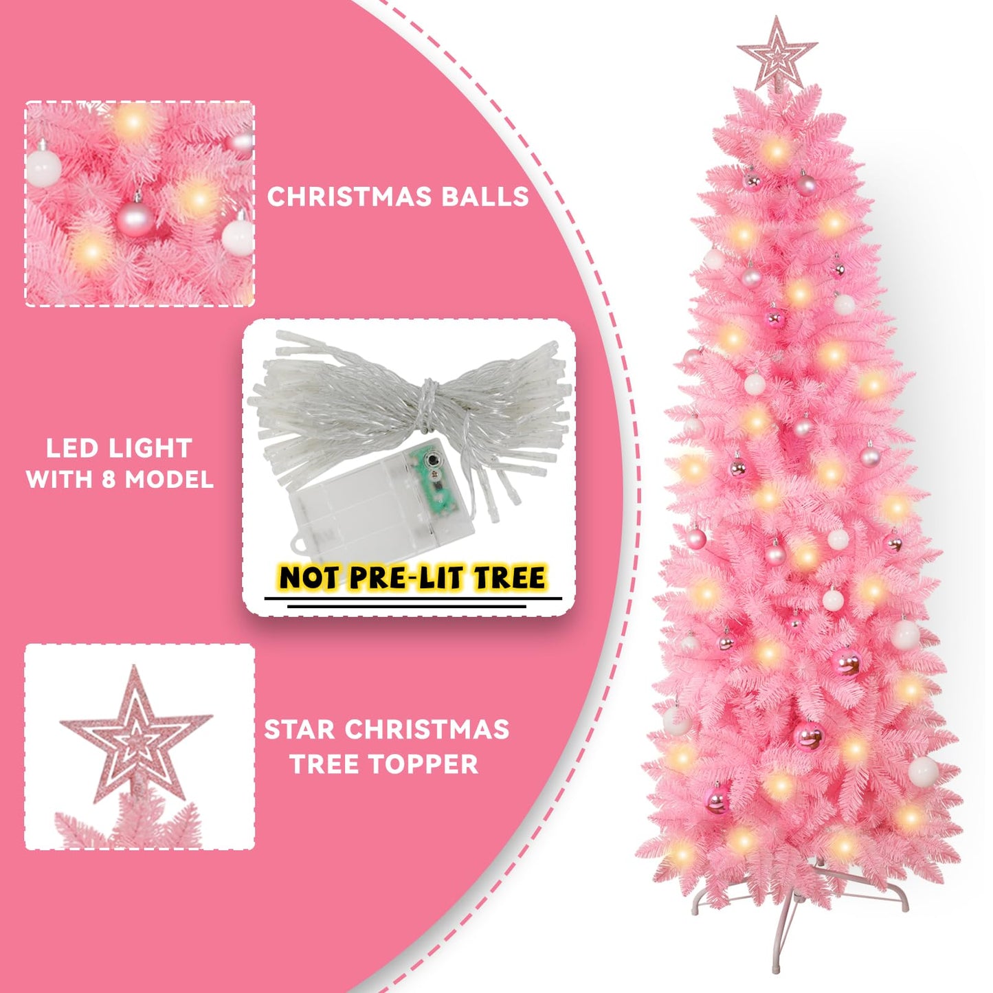 XmasExp Pink Skinny Pencil Christmas Tree, 6ft Artificial Slim Thin Christmas Tree with Warm LED Lights String 8 Lighting Modes and Christmas Ball Onaments