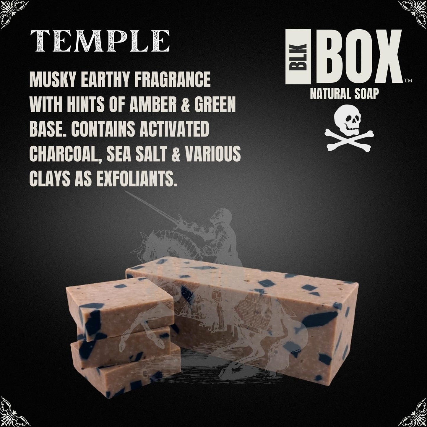 Black Box USA MADE 5oz Men's Natural Bar Soap Made from Natural Oils - Handmade Cold Process Soap No Harsh Chemicals - Earthy Basil Musk, Activated Charcoal & Amber (TEMPLE)