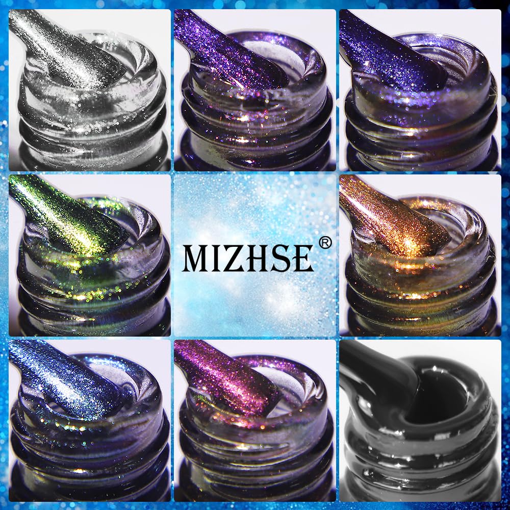 MIZHSE 2 In 1 9D Cat Eye Gel Nail Polish Kit, Upgraded No Need Extra Top Coat, Magnetic Gel Polish Set with Magnet, Shiny Chameleon Magic Galaxy Effect Soak Off Gel Nail Art Gift for Women