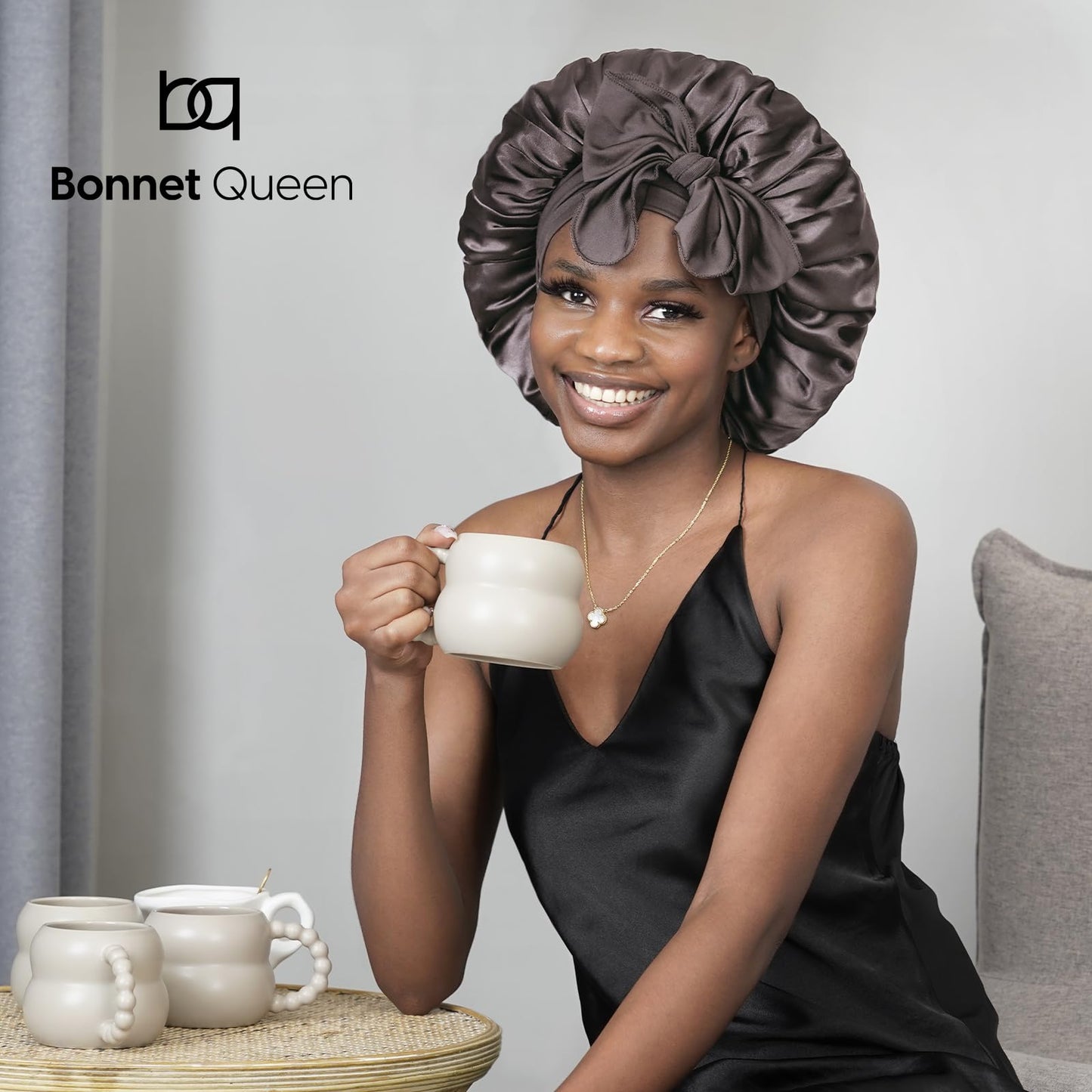 BONNET QUEEN Silk Bonnet for Sleeping Women Satin Bonnet Hair Bonnet Night Sleep Cap Scarf wrap for Curly Hair with tie Band Gold Grey