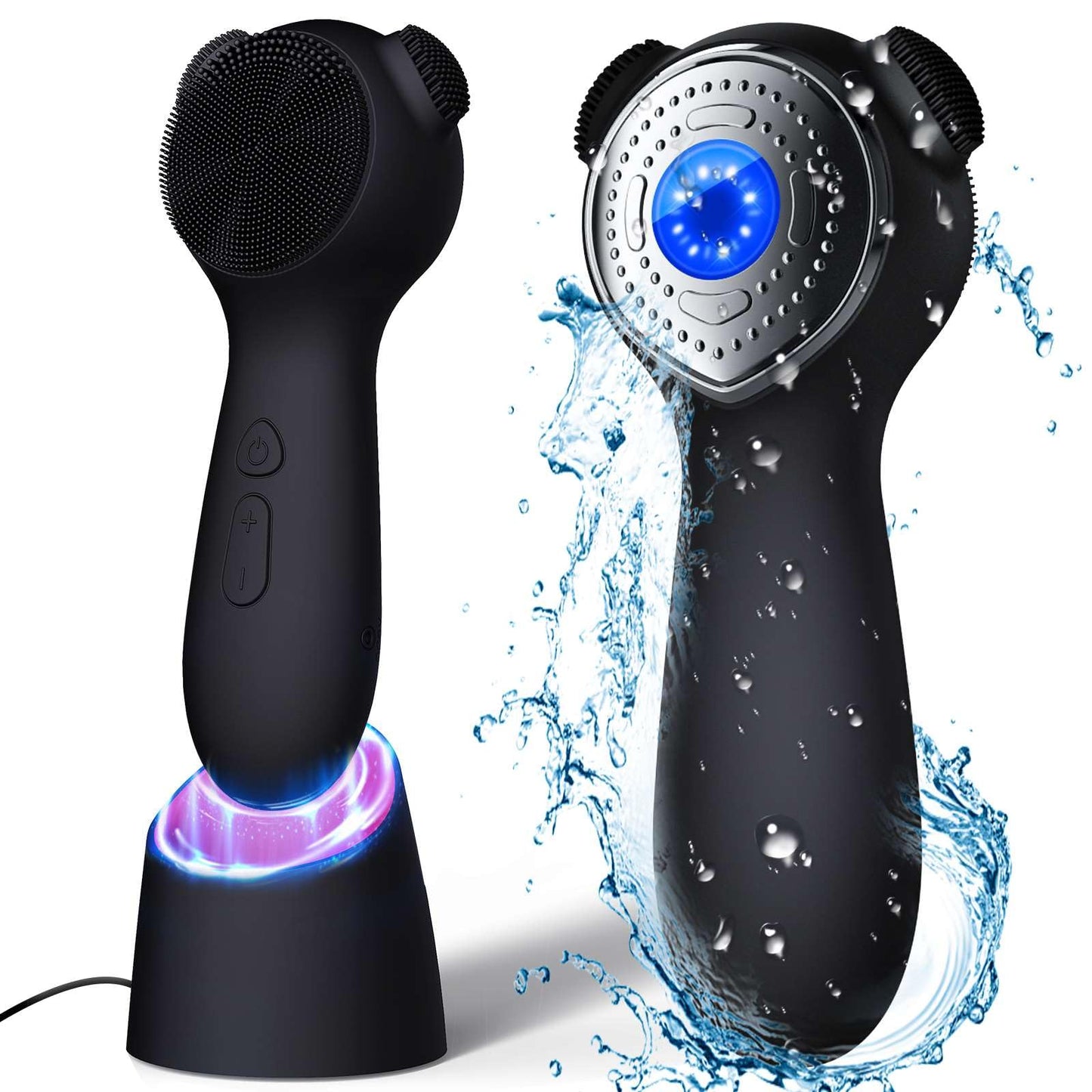 Silicone Face Scrubber Exfoliator Electric for Men Women, Rechargeable Facial Cleansing Brush with Wireless Charging Dock, Waterproof Sonic Vibrating Face Scrub Brush Cleanser for Exfoliating, Black