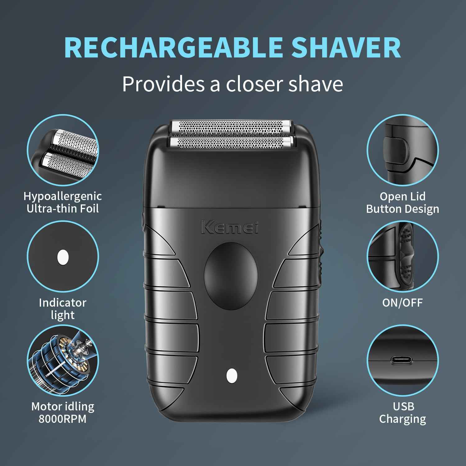 KEMEI Professional Electric Foil Shaver for Men, Beard Trimmer & Men's Grooming Tool, Foil Shaving and Bald Head Precision Trimmer. Cordless and Rechargeable with USB. Gifts for Men