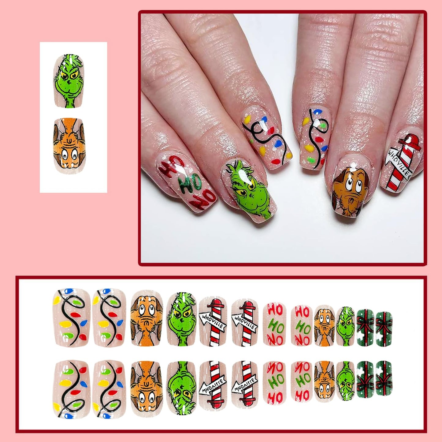 Christmas Fake Nails Medium Square Press on Nails Winter Xmas Acrylic Nails Full Cover False Nails with Green Monster Designs Cute Stick on Nails Gloss Artificial Nails Nail Decorations for Women