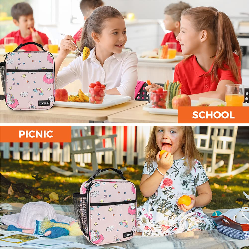 OPUX Premium Insulated Lunch Box, Soft School Lunch Bag for Kids Girls, Leakproof Small Lunch Pail Women Work, Reusable Compact Cooler Tote Lunchbox for Office, Pink Unicorn