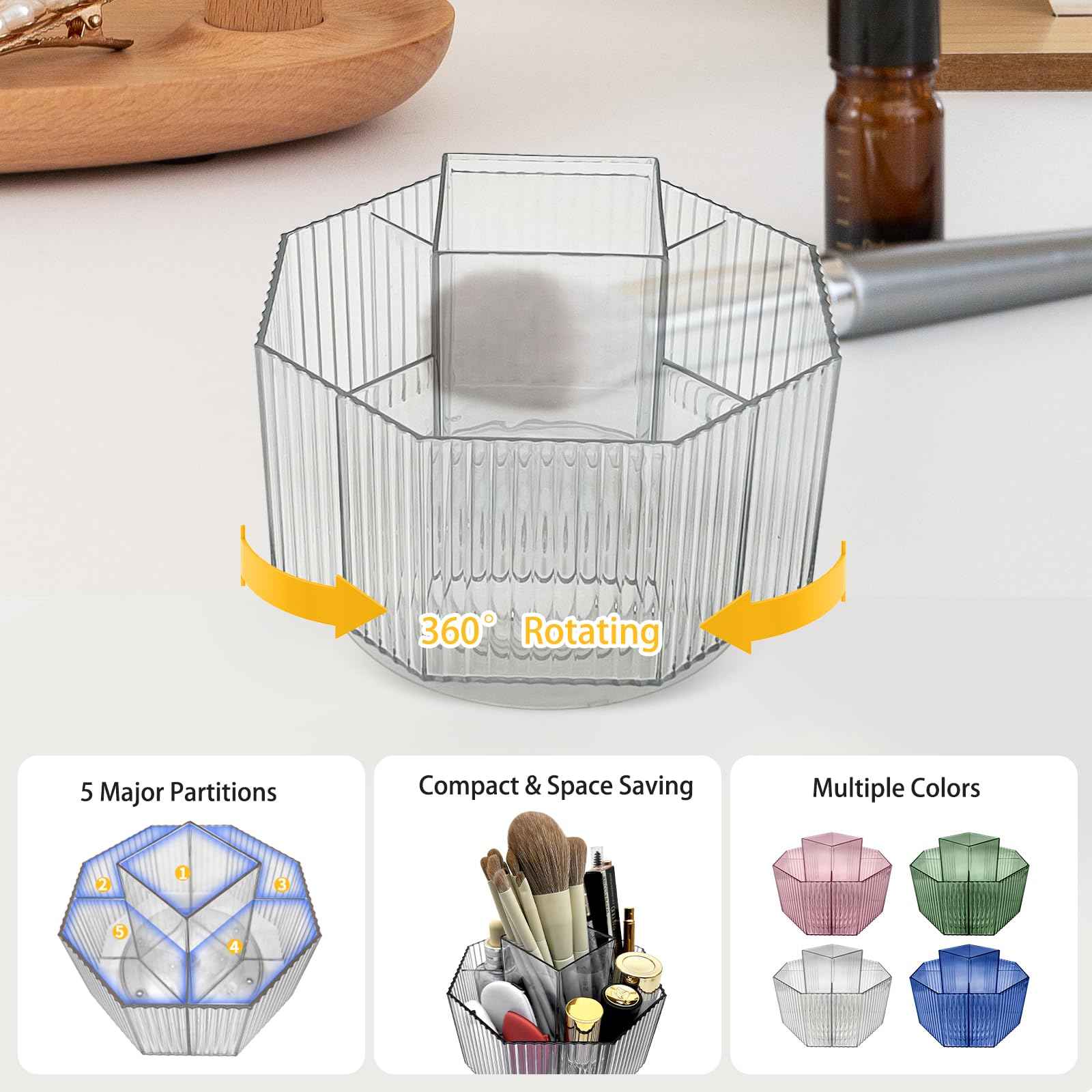 LiteTour Rotating Desk Organizer, Multi-Compartment Makeup Brush Holder, Skincare Storage, Office Supplies, Stationery, Home & Countertop Organizer for Vanity, Bathroom & Kitchen Crystal Green 360°