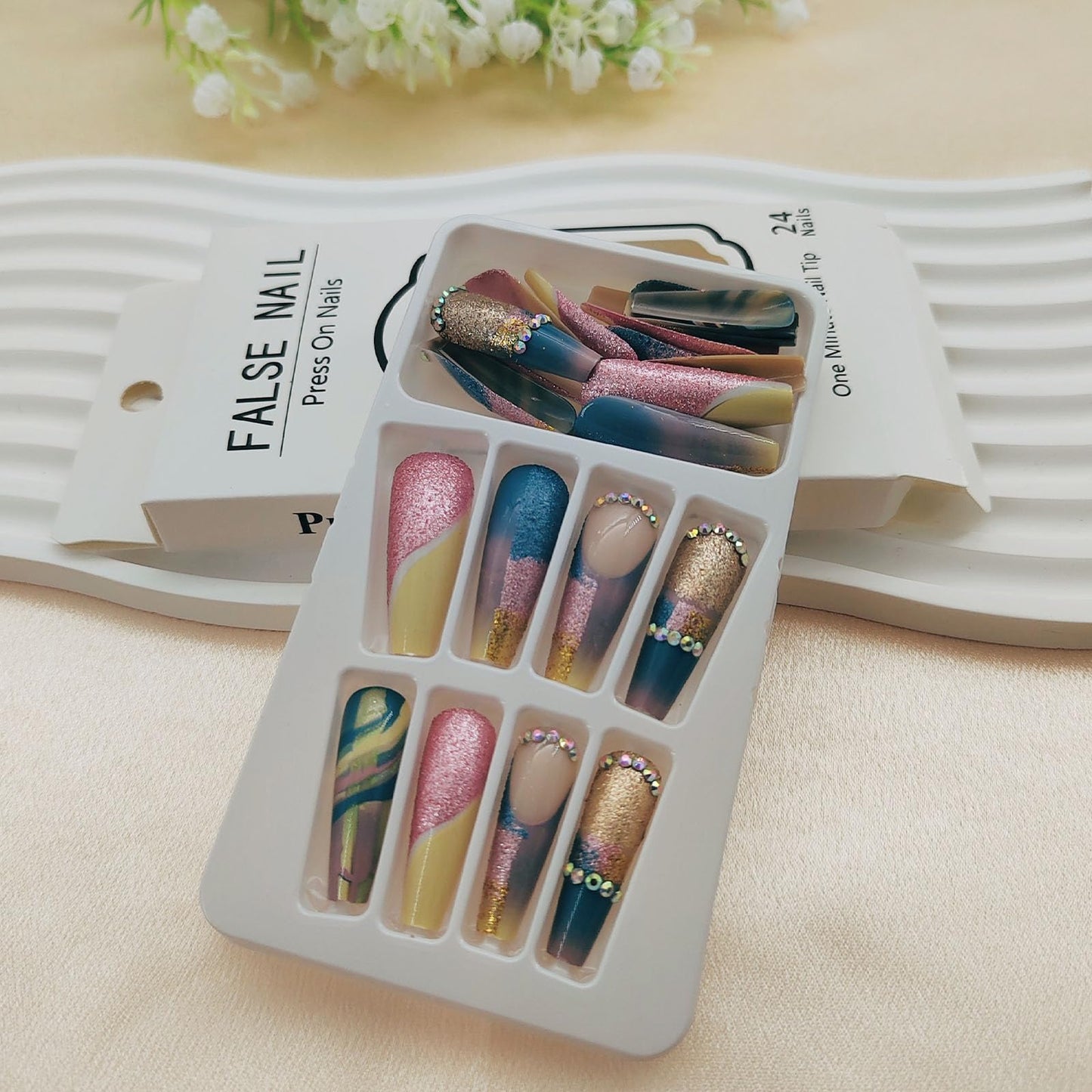 Long Press on Nails Coffin Fake Nails Press ons Full Cover Stick on Nails with Colorful Sequins Designs Acrylic False Nails Rhinestones Matte with Glue on Nails for Women 24 Pcs