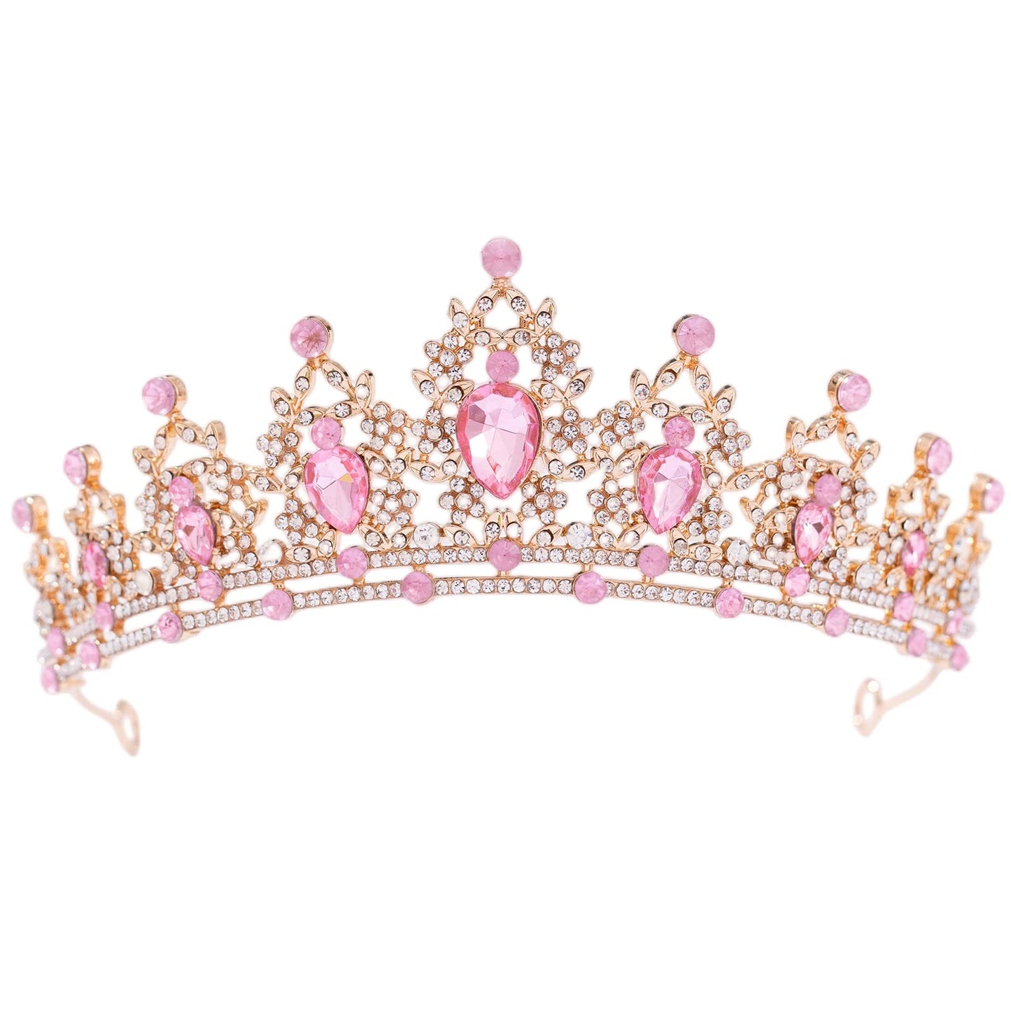 FORSEVEN Crystal Tiaras for Women, Wedding Tiaras and Crowns for Women Tiaras for Girls Birthday Party Princess Crown Hair Accessories Bride Rhinestone Headbands (Gold+Pink)