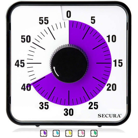 Secura 60-Minute Visual Countdown Timer, 7.5-Inch Oversize Classroom Visual Timer for Kids and Adults, Durable Mechanical Kitchen Timer Clock with Magnetic Backing (Purple)