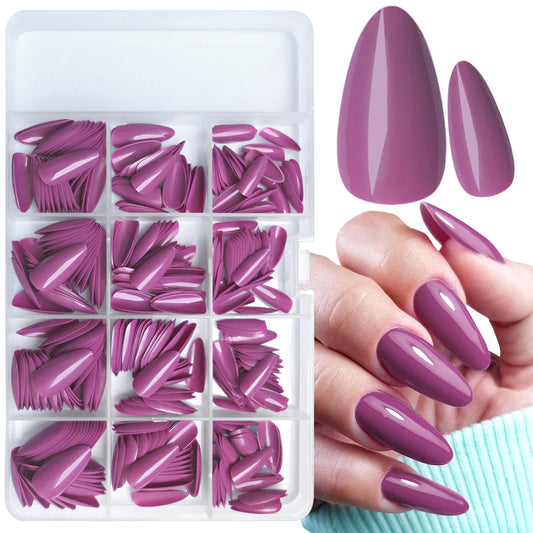 LoveOurHome 360pc Almond Press on Nails Medium Fake Nails Full Cover Almond Nail Tips Red Violet Fase Nail Colored Acrylic Nails Press ons Nail Almond Fingernail & Glue Adhesive Tabs for Women Girls