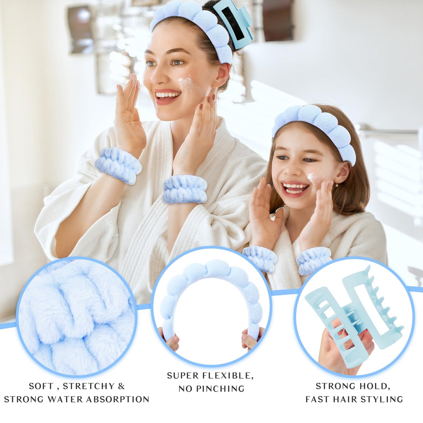 Wecoe Spa Headband And Wristband Set Skincare Headband For Washing Face Hair Claw Clips For Thick Hair Cute Blue Puffy Sponge Makeup Headband Bubble Headband Wrist Towels Scrunchies For Women Girls