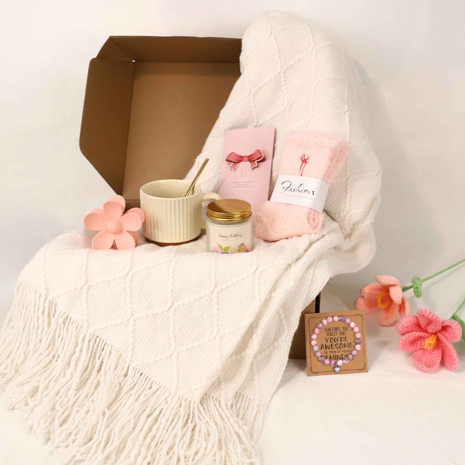 Gifts for Women, Get Well Soon Blanket Gift Baskets, Self Care Gifts Baskets Unique Christmas Gift for Women Thinking of You/Mothers Day/Best Friend Inspirational Friendship Gift