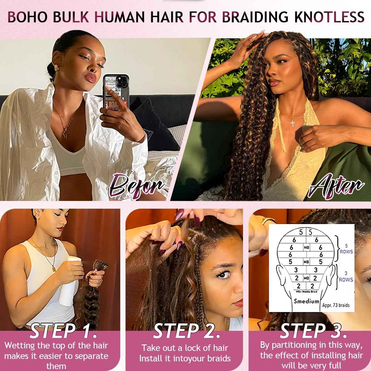 FONFUNY Human Braiding Hair for Boho Braids 120g Deep Wave Boho Bulk Human Hair for Braiding Knotless 12A Curly Wet and Wavy Bohemian Braids No Weft 3 Bundles/Pack Burgundy 14 Inch