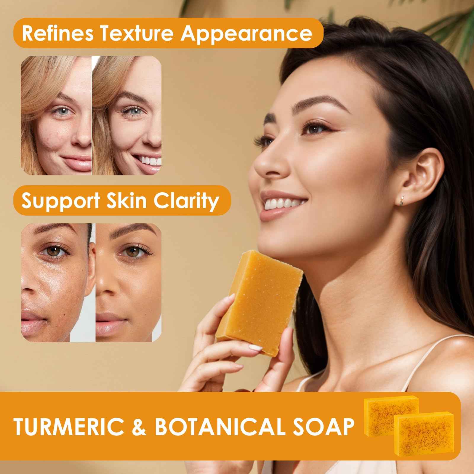 Turmeric Wash and Care Three Piece Set – Turmeric Face Wash with Brush, Exfoliating Facial Pads, Cleansing Soap Bars (2PC) & Turmeric Oil – Jabon de Curcuma, Natural Skincare for Face & Body